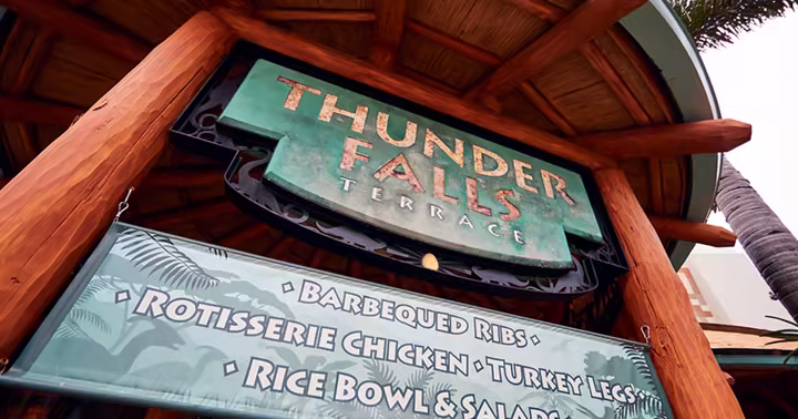 The Thunder Falls Terrace sign and menu board at Universal Islands of Adventure