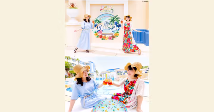 Guests pose at the Tropical Summer Festival photo spot and pool at Disney Ambassador Hotel