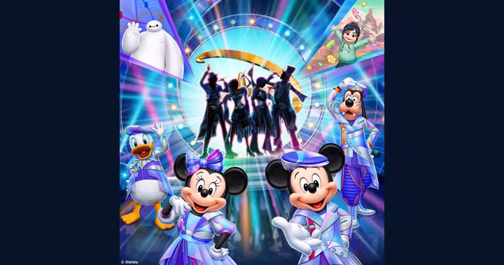 Mickey, Minnie, Donald, Goofy, Baymax and Vanellope around the D-Groovationz4 stage