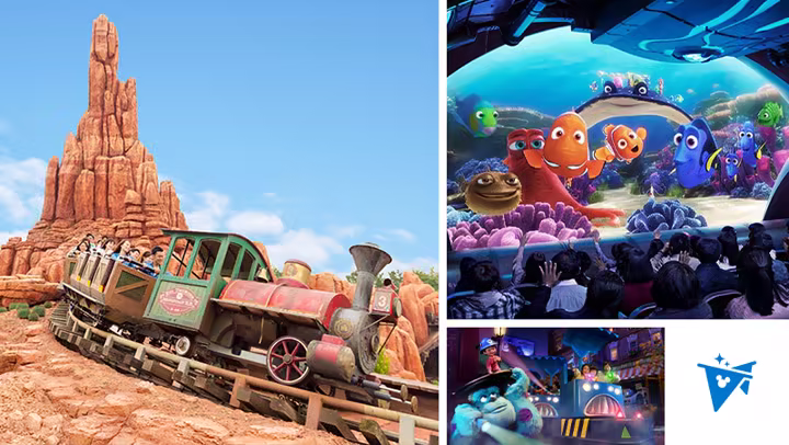 Tokyo Disney Resort Priority Pass artwork with Big Thunder Mountain, Turtle Talk, and Monsters Inc. Ride & Go Seek