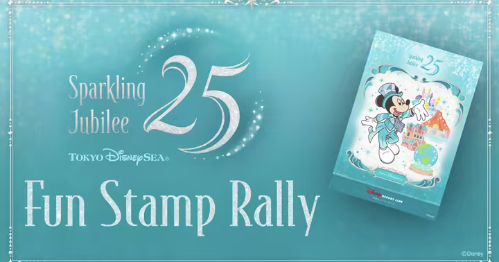 Tokyo DisneySea Sparkling Jubilee Fun Stamp Rally artwork with Mickey Mouse and a stamp booklet