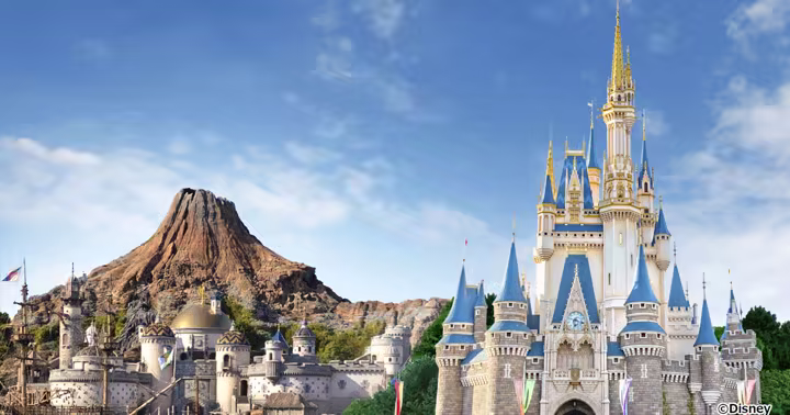 Tokyo Disneyland castle and Tokyo DisneySea Mount Prometheus official Tokyo Disney Resort image