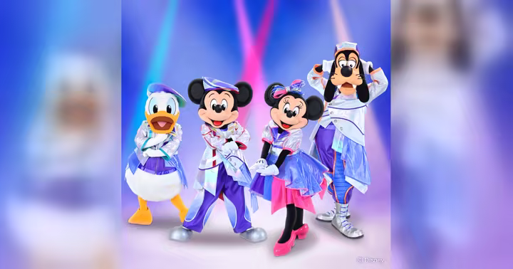 Mickey, Minnie, Donald and Goofy wearing the new D-Groovationz4 costumes