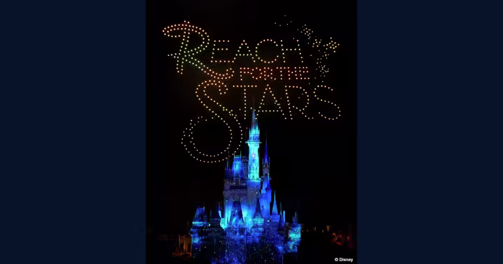 Reach for the Stars drone lettering above Cinderella Castle at Tokyo Disneyland
