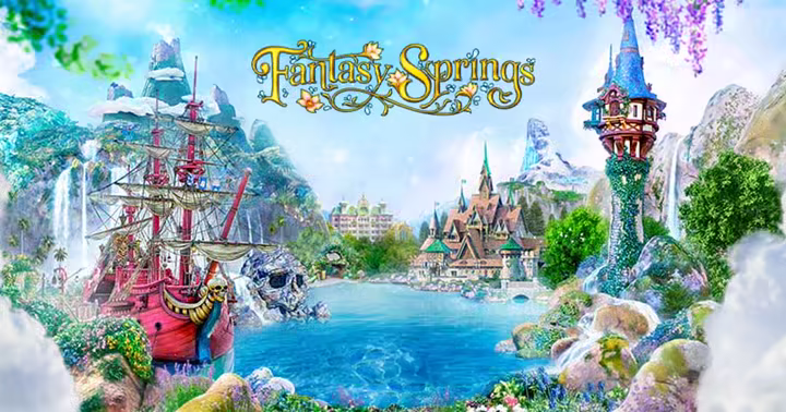 Official Tokyo Disney Resort Fantasy Springs artwork with Rapunzel's tower, Frozen Kingdom, and Peter Pan's Never Land