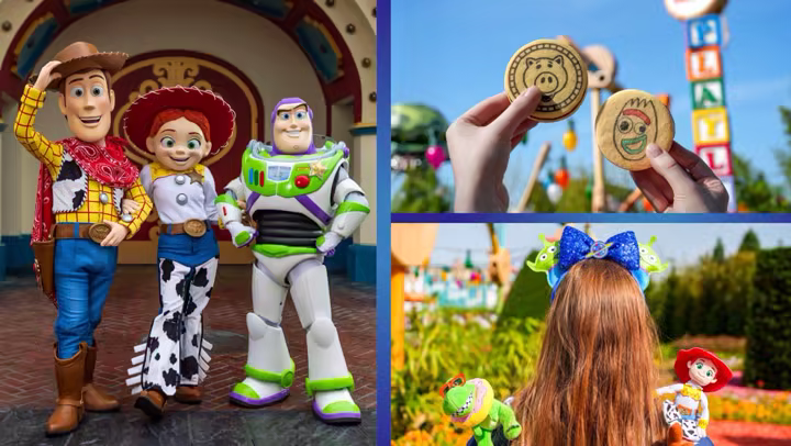 Toy Story 5 collage with Woody, Jessie, Buzz Lightyear, themed cookies, and Alien merchandise at Disney parks