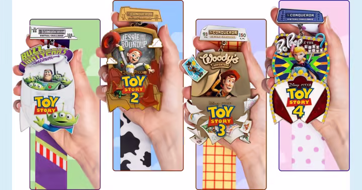 Four Toy Story character medals for The Conqueror virtual fitness challenges