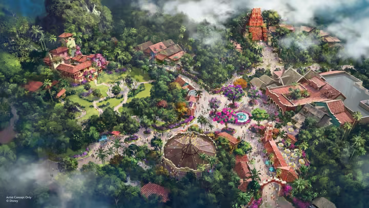 Disney artist rendering of Tropical Americas with village buildings, a carousel and a temple.