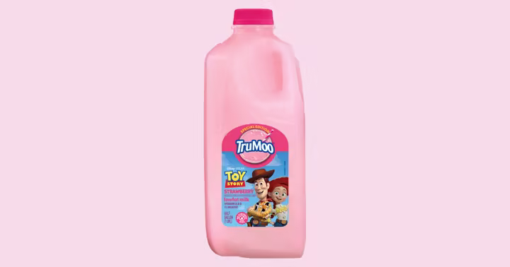 Pink half-gallon jug of TruMoo Toy Story Strawberry Milk featuring Woody and Jessie