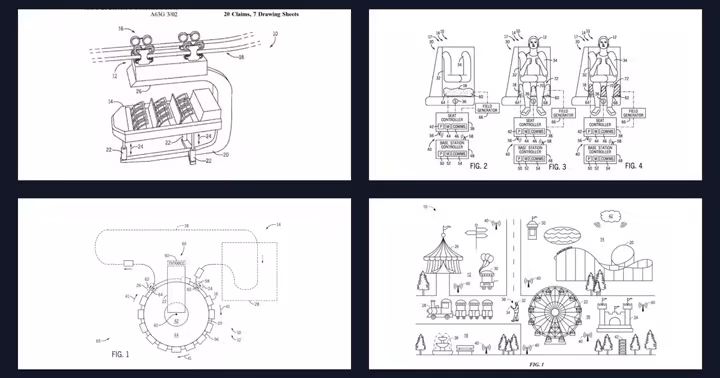 Four patent drawings for Universal ride and guide systems