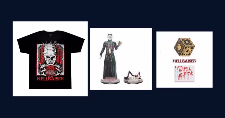 Hellraiser Halloween Horror Nights 2026 shirt, acrylic set, and sticker set from Shop Universal