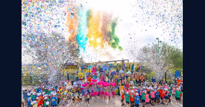 Confetti fills the air at Universal Kids Resort on opening day in Frisco