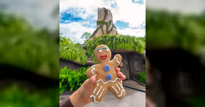Gingerbread cookie held in front of Krakatau at Universal Volcano Bay