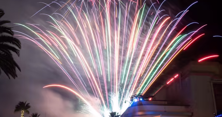 Fireworks over Universal Studios Hollywood during a nighttime event