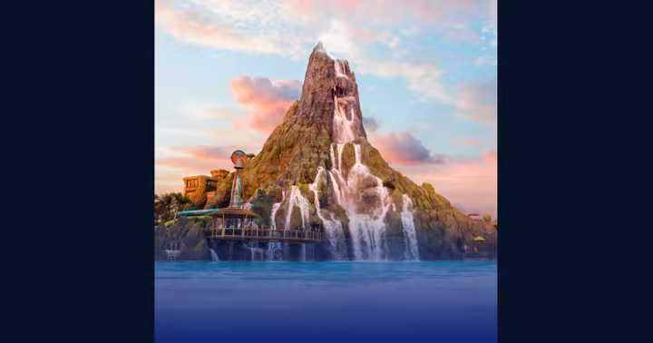 Krakatau volcano at Universal Volcano Bay with waterfalls and a pool in the foreground
