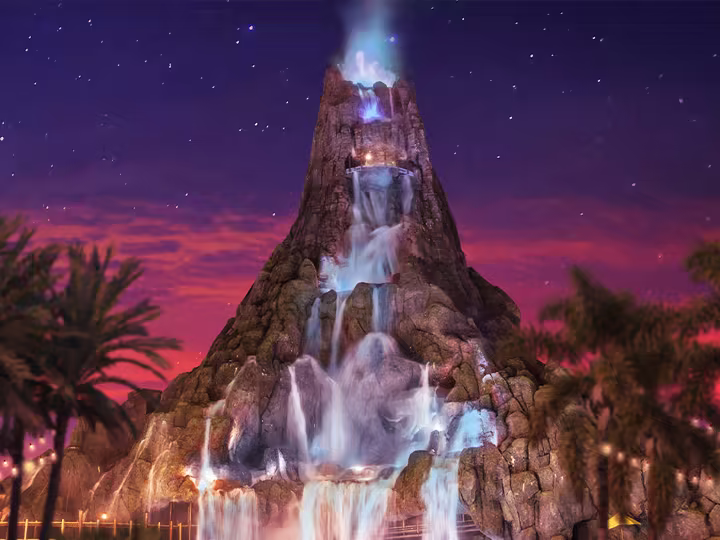 Krakatau glows at night during Volcano Bay Nights at Universal Orlando Resort