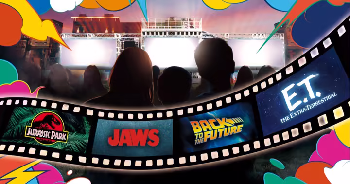 Universal Studios Japan Cinema Night Picnic artwork with guests watching an outdoor movie at Gramercy Park