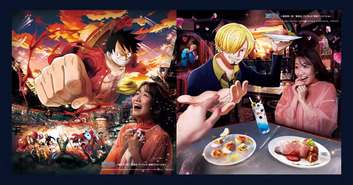 Sanji's Pirate Restaurant dining scene and Universal Studios Japan One Piece event artwork