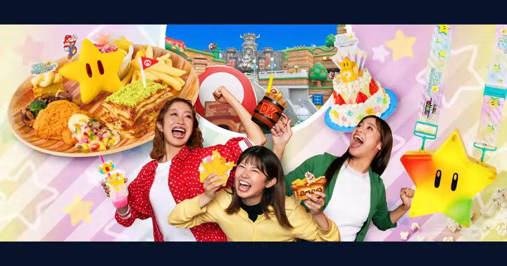 Guests hold food and merchandise in front of Super Nintendo World at Universal Studios Japan