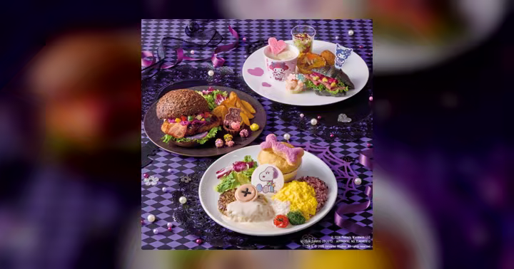 Universal Studios Japan Halloween food spread with HamiKuma and Sanrio character details