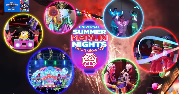 Universal Summer Matsuri Nights collage with neon-lit performances and characters at Universal Studios Japan