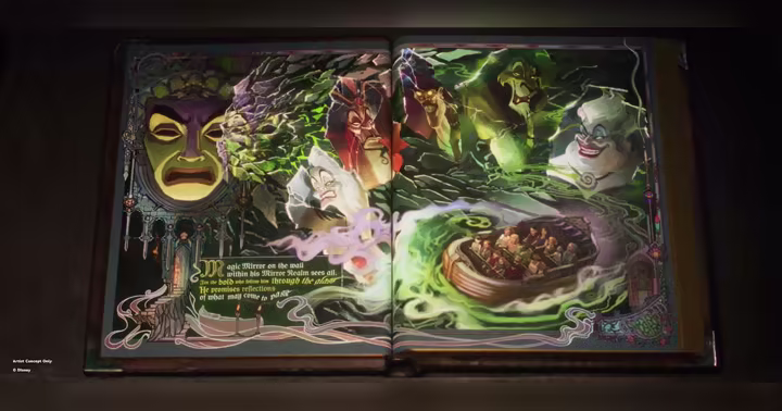 Disney Villains gathered in storybook artwork for Villains Land