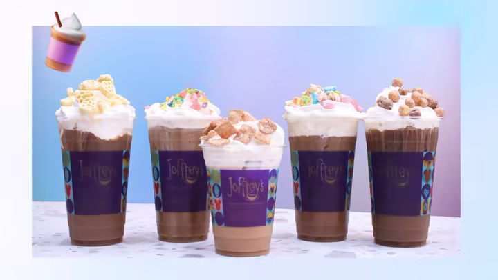 Five Joffrey's iced lattes topped with whipped cream and cereal