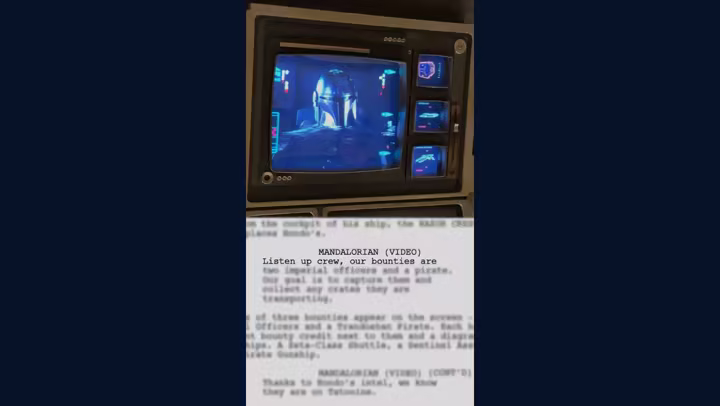 Walt Disney Imagineering Reel still showing the Mandalorian on a cockpit monitor above a Smugglers Run script page