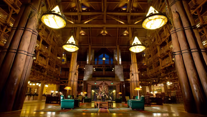 The rustic lobby at Disney's Wilderness Lodge at Walt Disney World