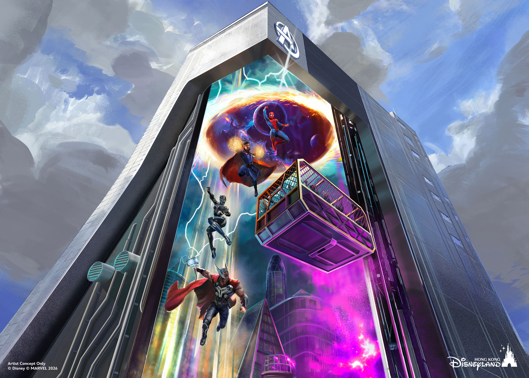 Concept art for the Avengers pavilion at Hong Kong Disneyland