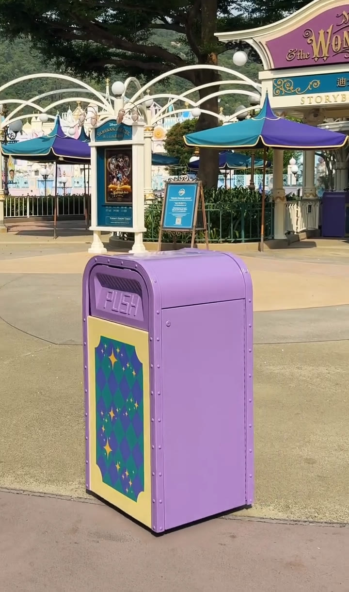 Purple PUSH the Talking Trash Can in Fantasyland at Hong Kong Disneyland