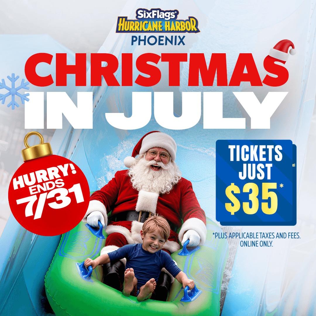 Hurricane Harbor Phoenix Christmas in July ticket-sale artwork