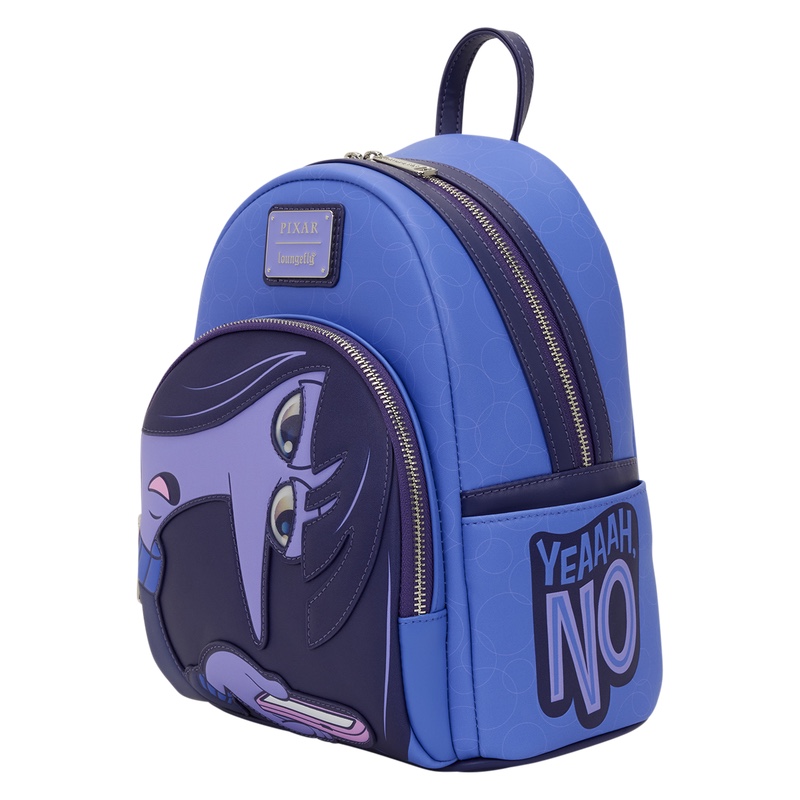 Side view of the Ennui mini backpack with Yeah No printed on the pocket