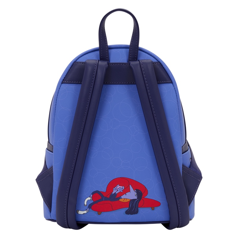 Back of the Ennui mini backpack with adjustable straps and red chair artwork