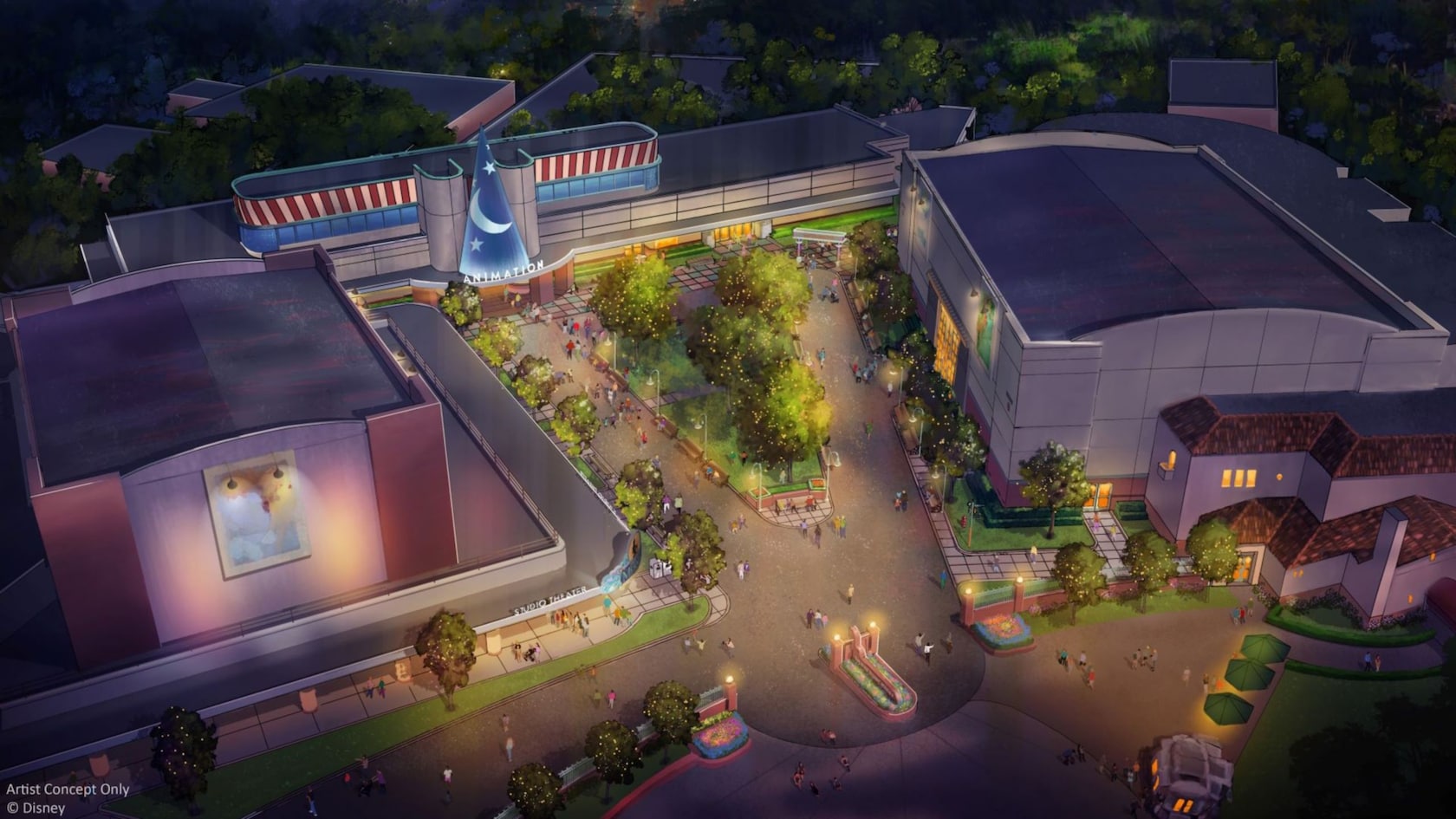 Official concept art of The Magic of Disney Animation courtyard at Disney’s Hollywood Studios