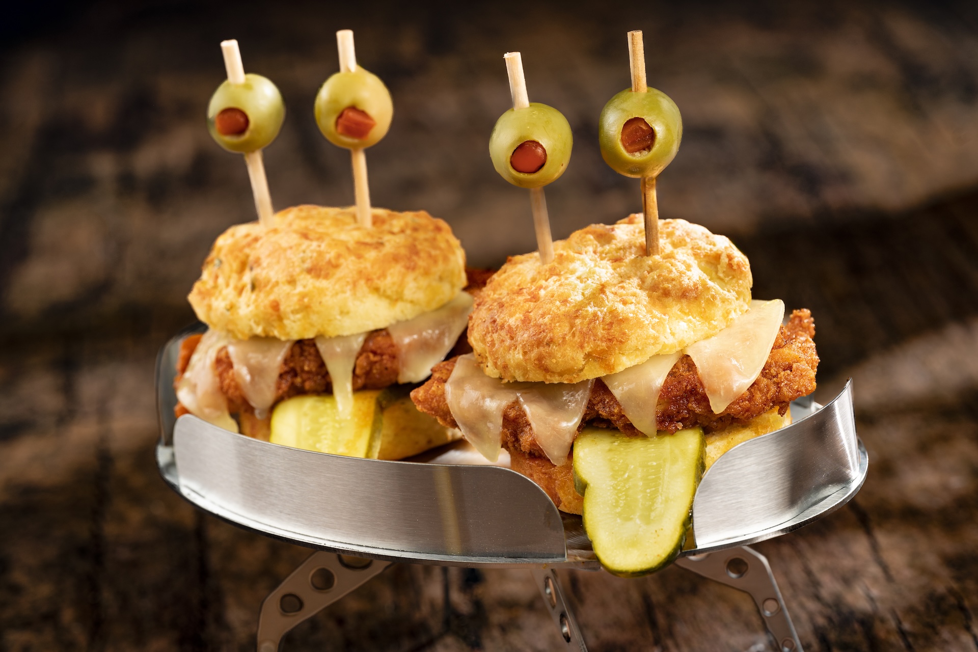 Alien Invader Sliders with Nashville hot chicken, provolone and pickles
