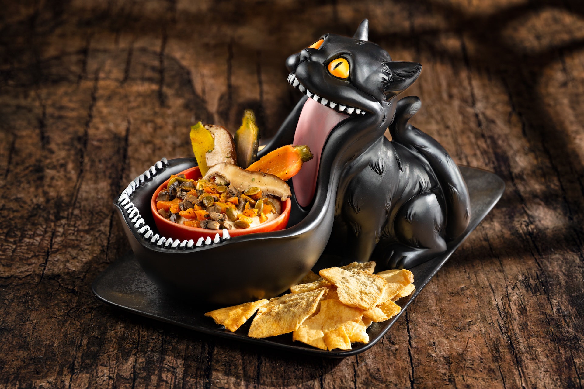 Dark Forest Dip with mushrooms, carrots, hummus, pumpkin seeds and pita