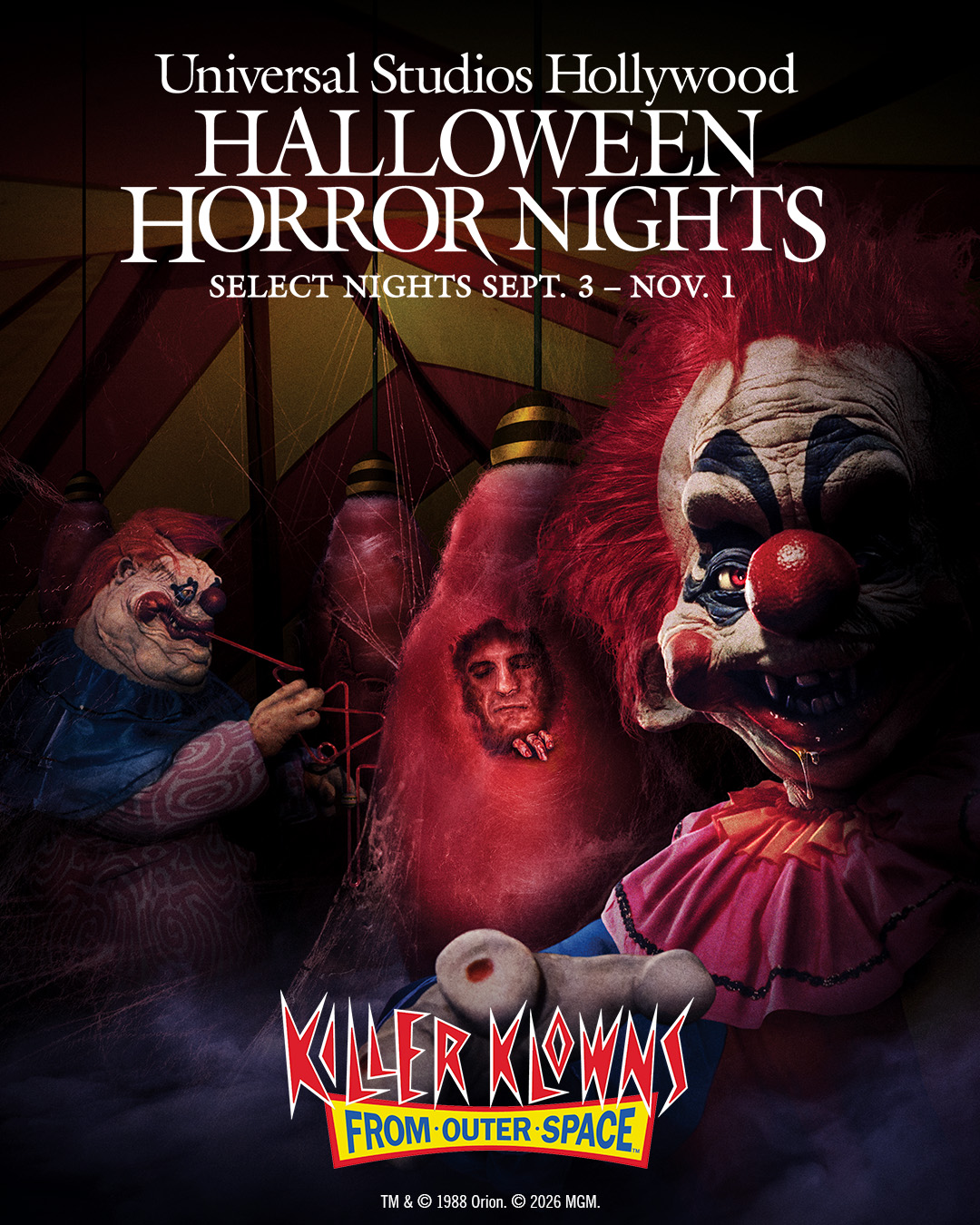 Killer Klowns From Outer Space artwork for Universal Studios Hollywood Halloween Horror Nights 2026