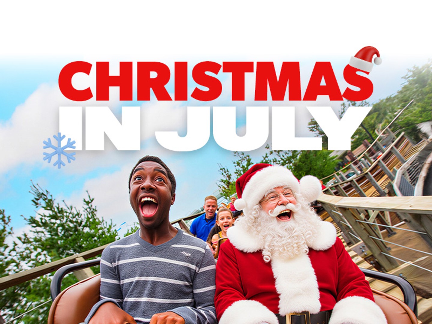 Santa Claus and a Kings Dominion guest riding a wooden roller coaster beneath Christmas in July lettering