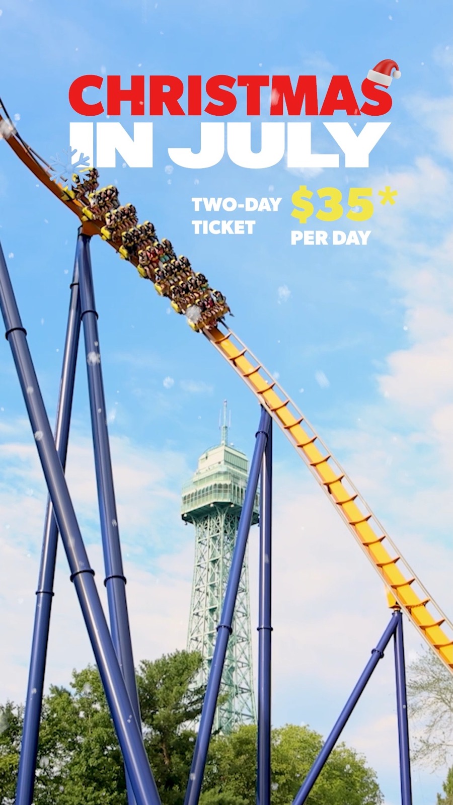 Kings Dominion Christmas in July graphic advertising a two-day ticket for $35 per day