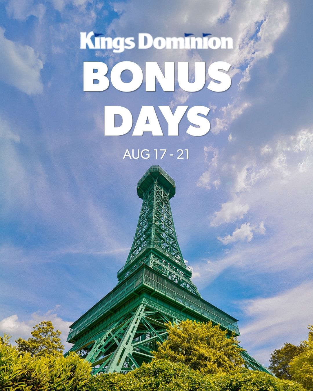 Kings Dominion Bonus Days artwork with guests riding a roller coaster