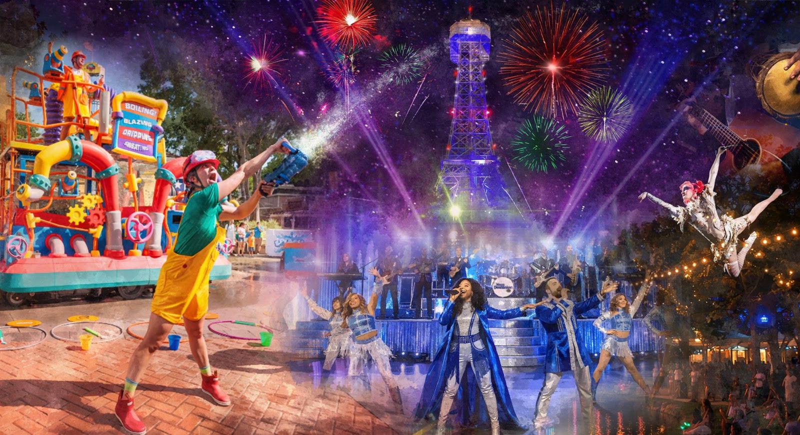 Kings Dominion summer entertainment artwork with fireworks, performers, and International Street