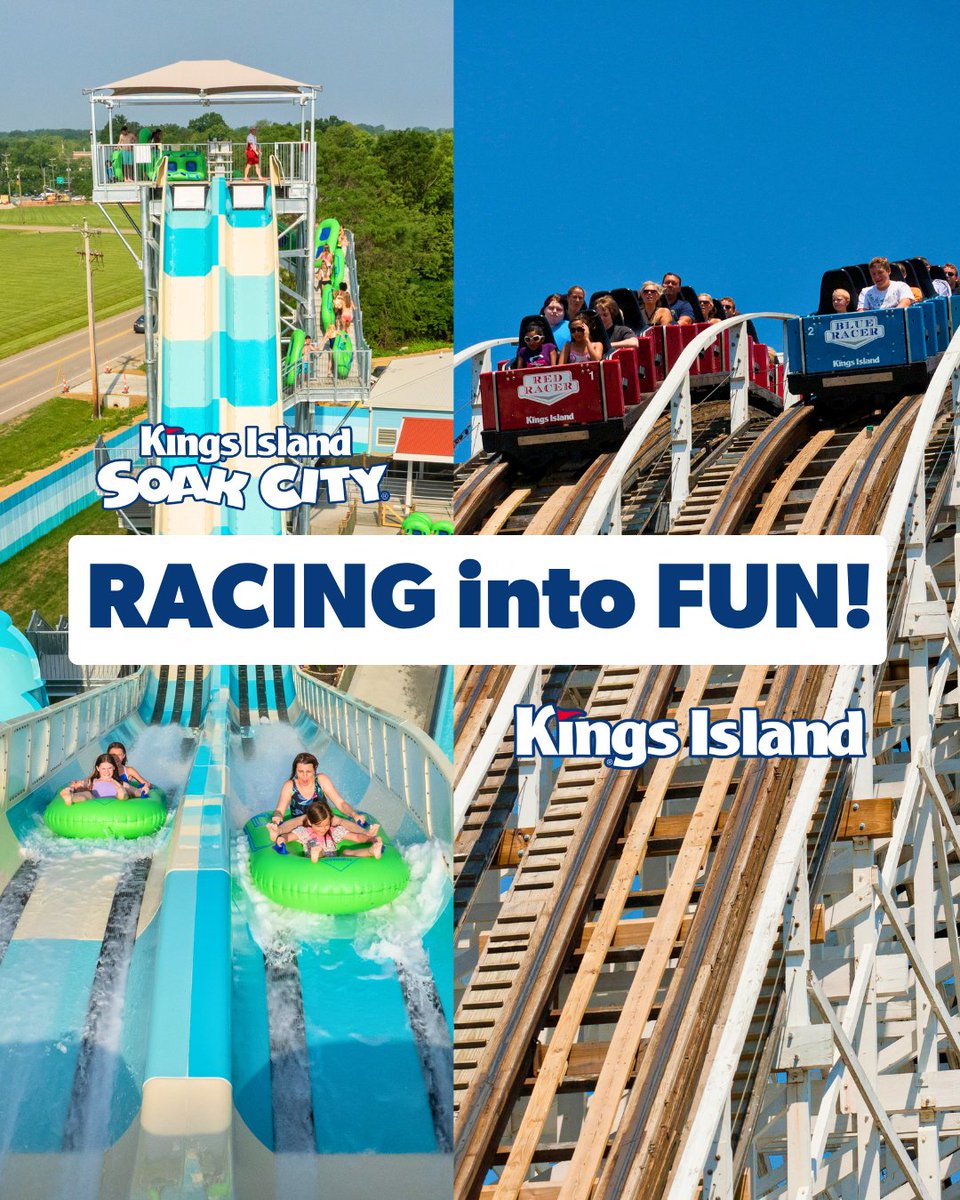 Kings Island and Soak City flash sale artwork with water slides and Racer coaster trains