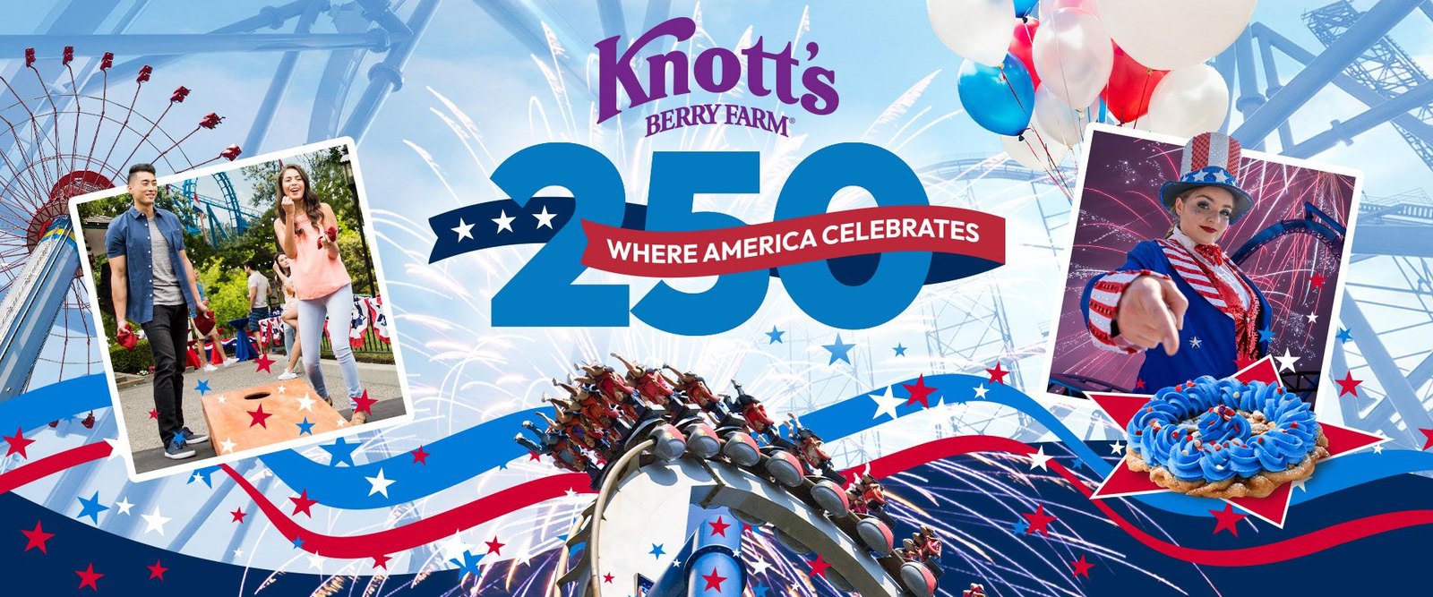 Six Flags America 250 celebration banner with patriotic park imagery