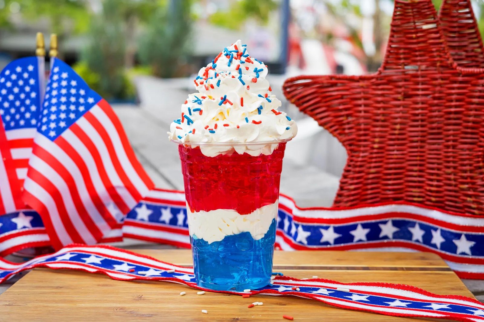 Red, white, and blue JELL-O parfait for Knott's Berry Farm's America 250 celebration