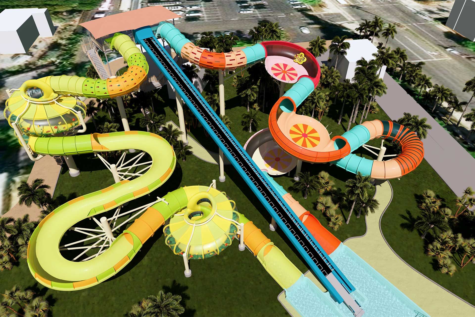 Aerial rendering of the Coral Craze and Kelp Kraze water slides at Knott's Soak City