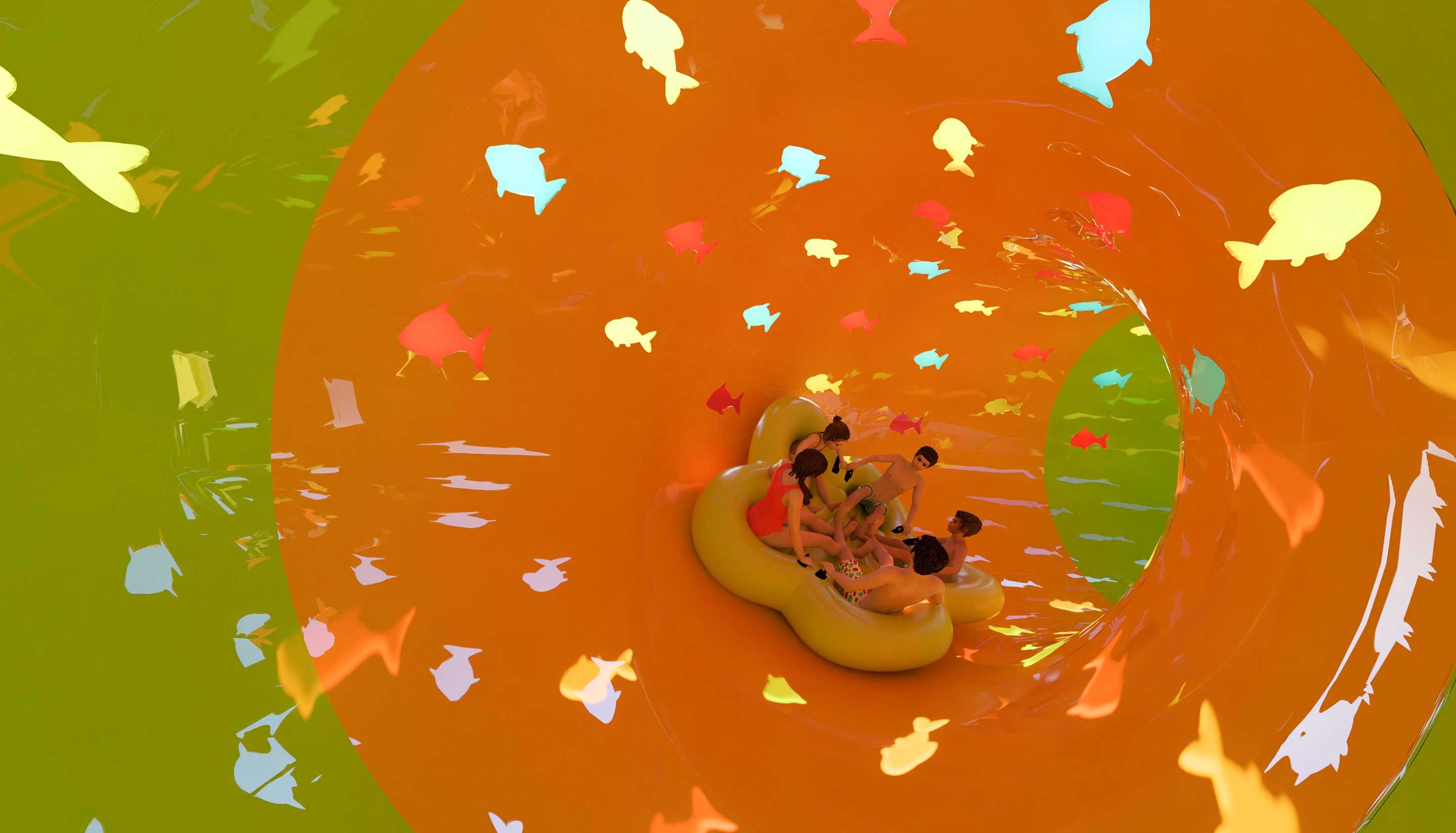 Rendering of five riders in an orange Coral Craze slide tunnel with fish graphics