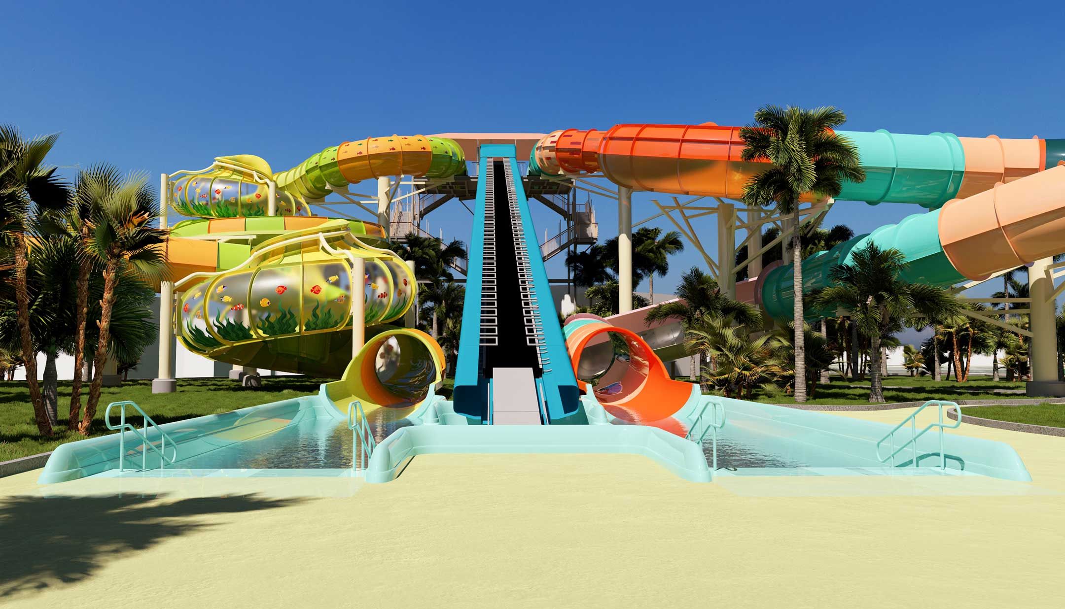 Rendering of the Coral Craze and Kelp Kraze slide runouts and central conveyor at Knott's Soak City