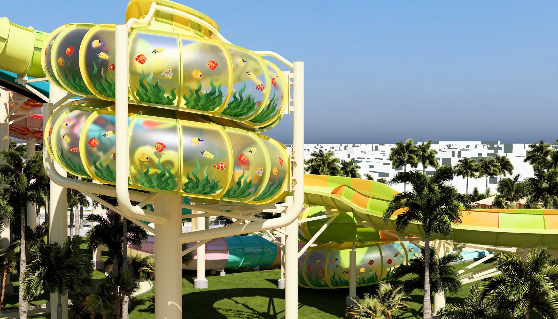 Exterior rendering of two translucent yellow Family HIVE enclosures on Kelp Kraze