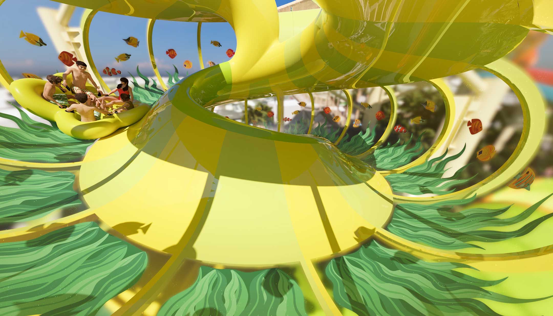 Interior rendering of a five-person raft circling a translucent Kelp Kraze enclosure